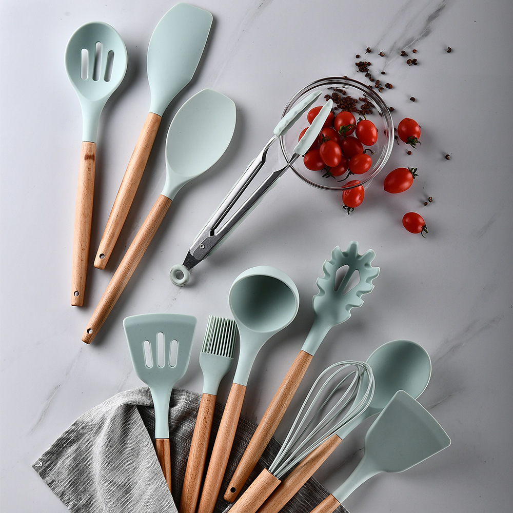 Storage Bucket Fresh Green Wood Handle Silicone Kitchenware 11-Piece Set Non-Stick Spatula Kitchen Tool Set Ten Sets