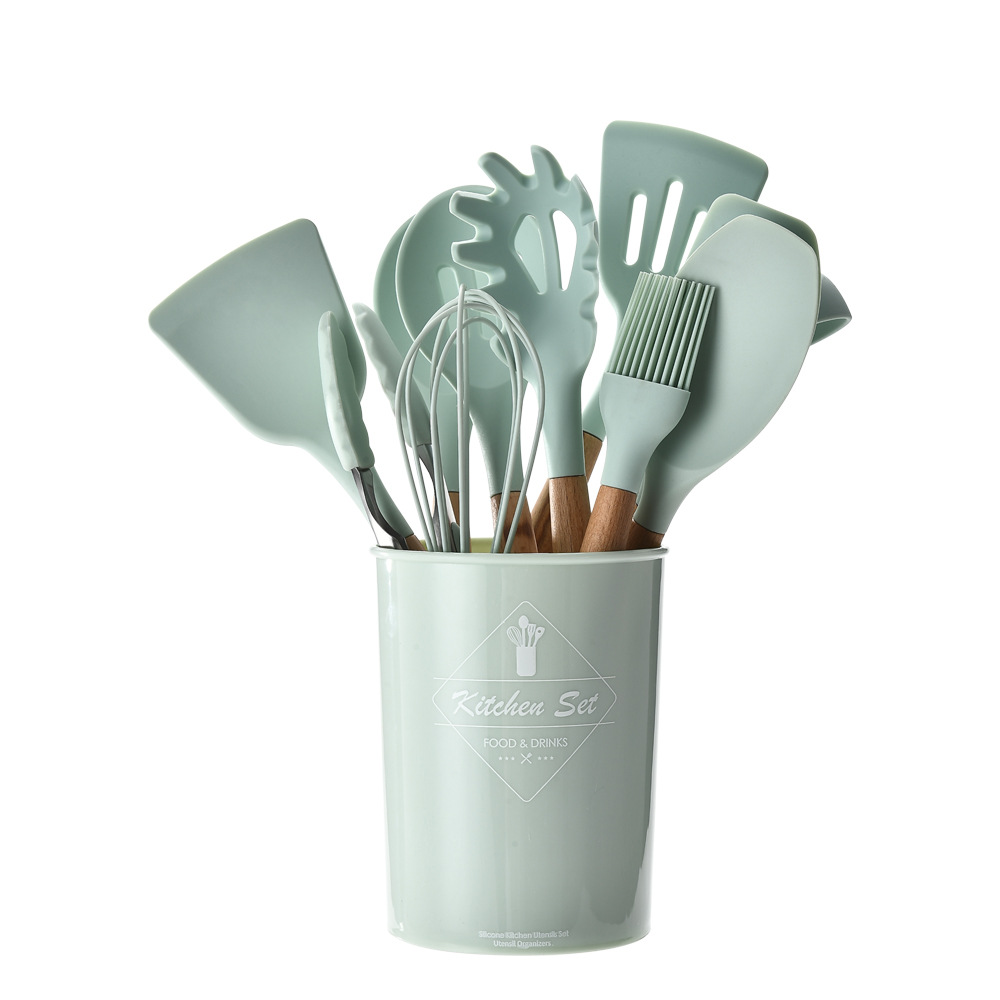Storage Bucket Fresh Green Wood Handle Silicone Kitchenware 11-Piece Set Non-Stick Spatula Kitchen Tool Set Ten Sets