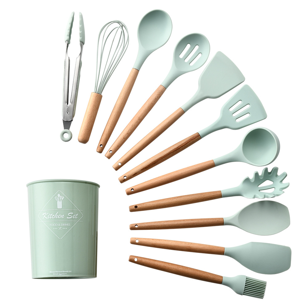 Storage Bucket Fresh Green Wood Handle Silicone Kitchenware 11-Piece Set Non-Stick Spatula Kitchen Tool Set Ten Sets