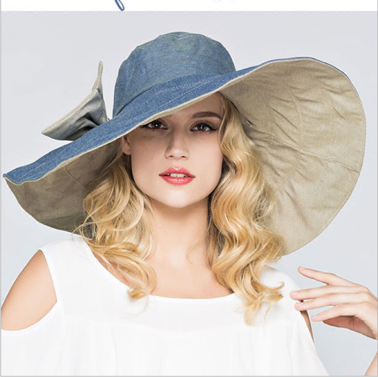Women's summer wide-brim sun hat, foldable sun-protective hat, double-sided beach hat