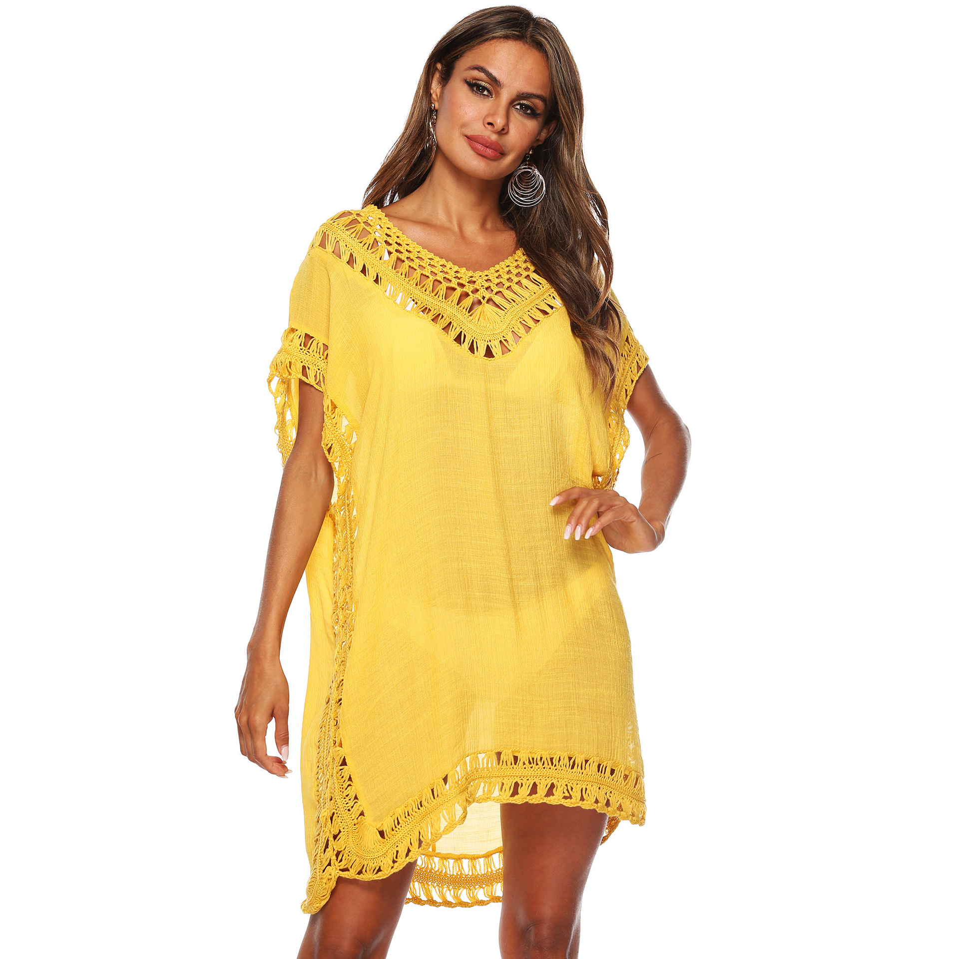 Women's V-Neck Hand-Crocheted Cover-Up Sexy Cutout Loose Beach Cover-Up Dress 1965 Ten Colors Available