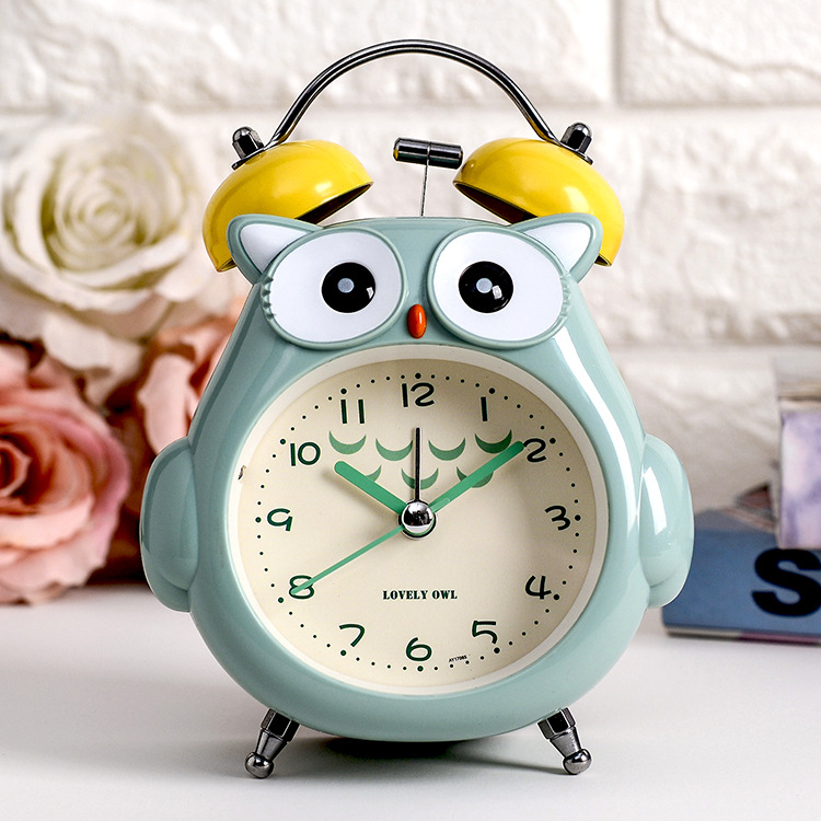 Loud Ring Metal Mini Alarm Clock, Cartoon Student Children's Special, Night Light Silent Bedside Owl