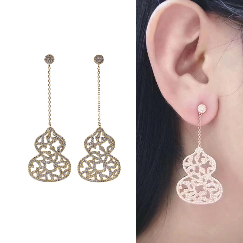 Heavy Craft Earrings Sense s925 Silver Needle Full Inlaid Zircon Earrings Gourd Earrings