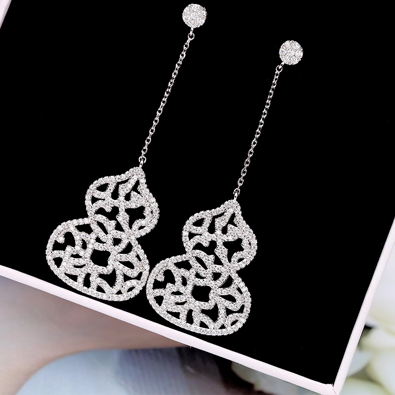 Heavy Craft Earrings Sense s925 Silver Needle Full Inlaid Zircon Earrings Gourd Earrings