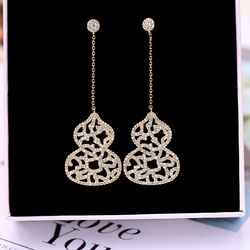 Heavy Craft Earrings Sense s925 Silver Needle Full Inlaid Zircon Earrings Gourd Earrings