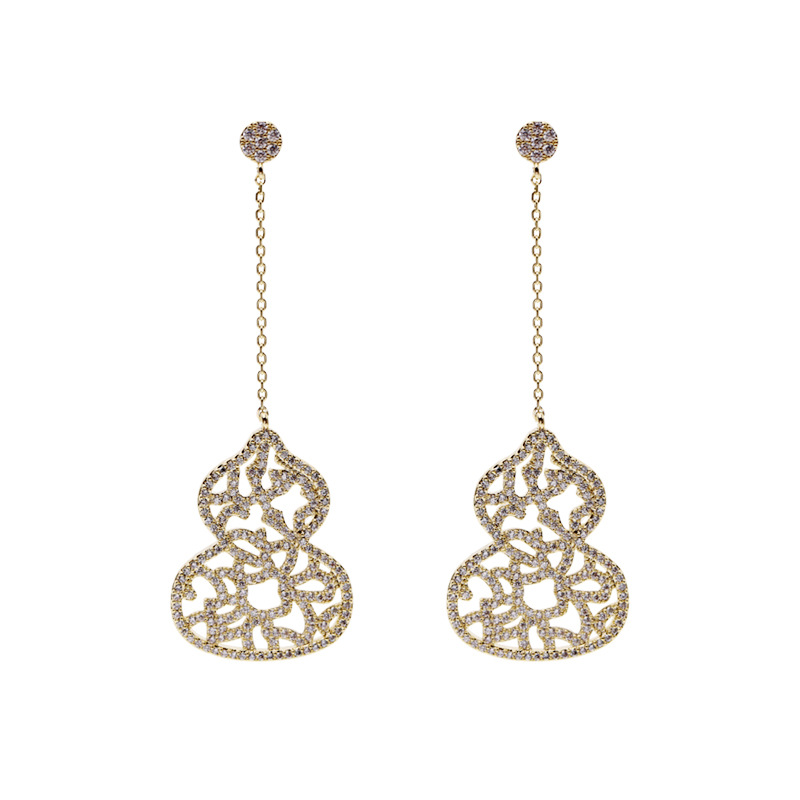 Heavy Craft Earrings Sense s925 Silver Needle Full Inlaid Zircon Earrings Gourd Earrings
