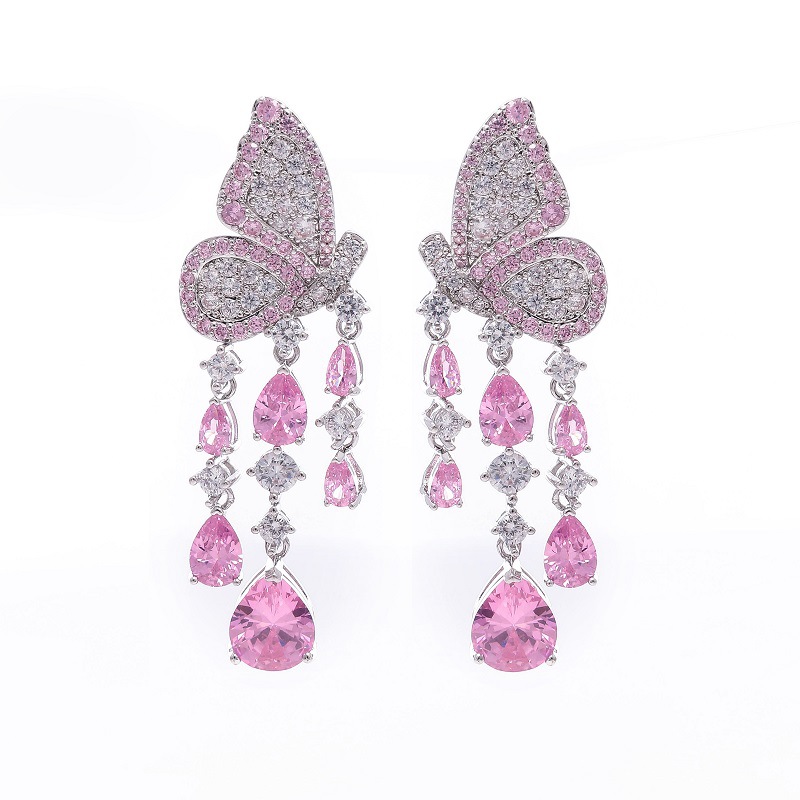 Korean micro-set zircon colored pink butterfly wing tassel drop goddess earring stud banquet annual meeting full diamond earring silver needle