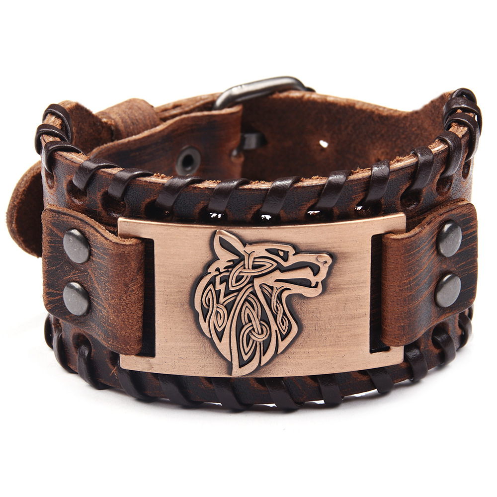 Men's Alloy Wolf Head Accessories Wide Leather Bracelet New Woven Bracelet Cowhide Bracelet
