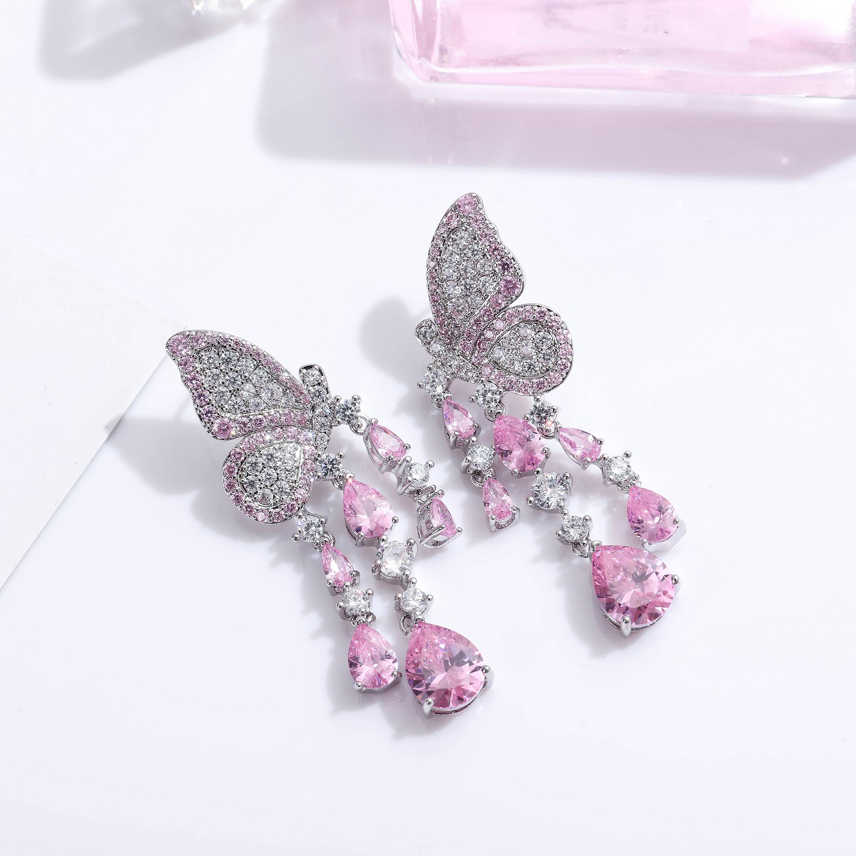 Korean micro-set zircon colored pink butterfly wing tassel drop goddess earring stud banquet annual meeting full diamond earring silver needle