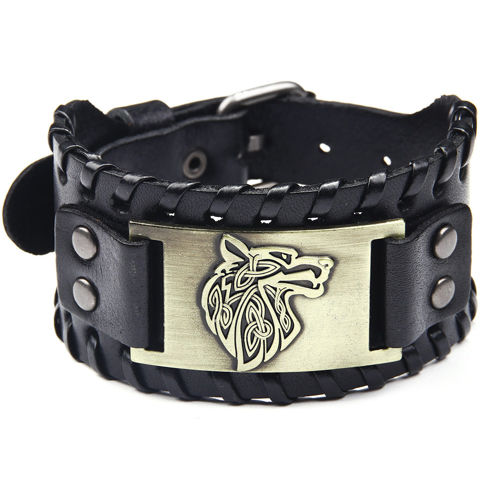 Men's Alloy Wolf Head Accessories Wide Leather Bracelet New Woven Bracelet Cowhide Bracelet