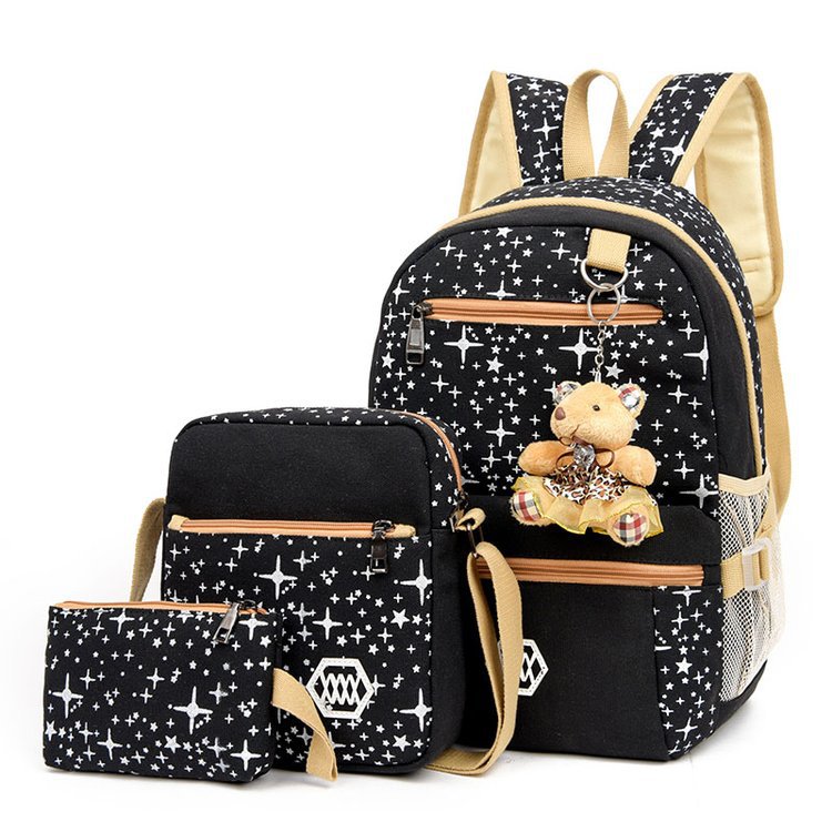 Double shoulder bag mother-child bag pure cotton canvas backpack travel bag student schoolbag 3-piece set
