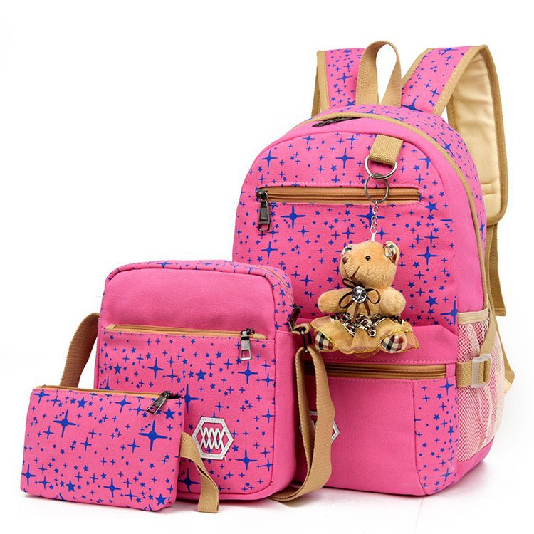 Double shoulder bag mother-child bag pure cotton canvas backpack travel bag student schoolbag 3-piece set