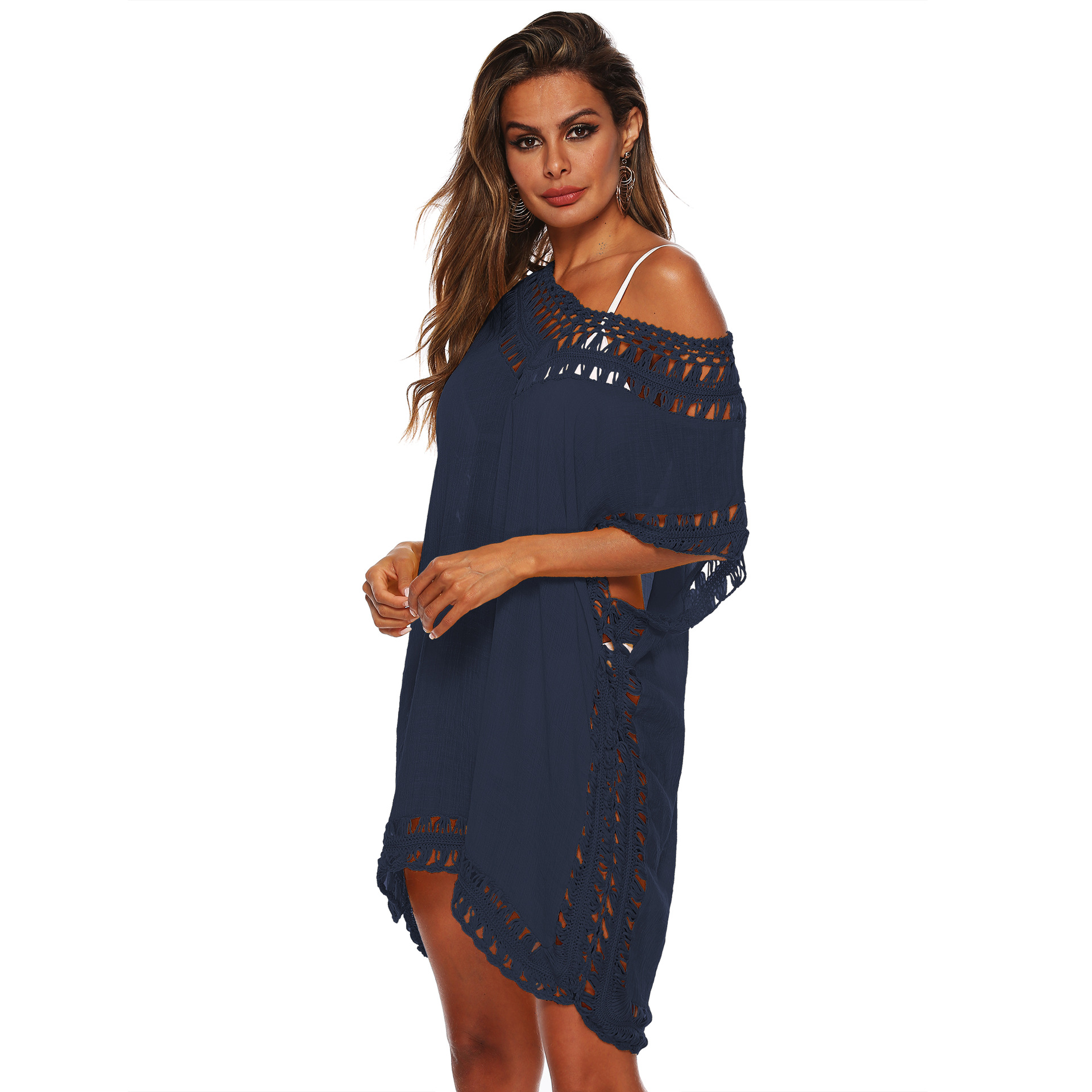 Women's V-Neck Hand-Crocheted Cover-Up Sexy Cutout Loose Beach Cover-Up Dress 1965 Ten Colors Available