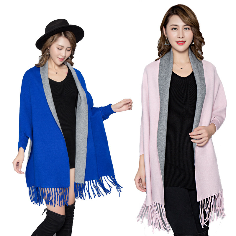 Autumn Winter New Women Double-Sided Shawl Scarf Two-Use Fringe Thickened Long Sleeve Cashmere Blend Cape Coat