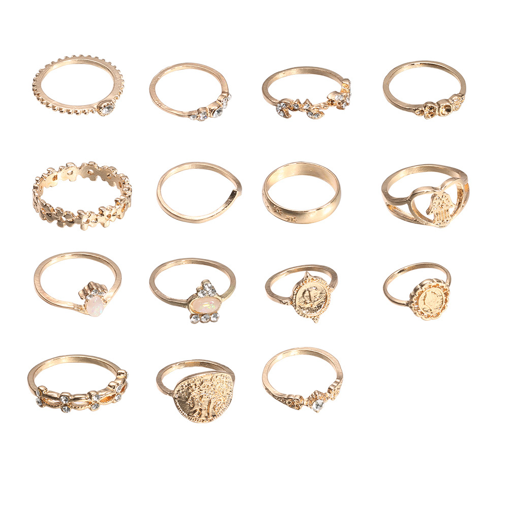 Beauty Head Coin Gold Cross Pattern Love Heart Fatima's Hand Ring 15-Piece Set