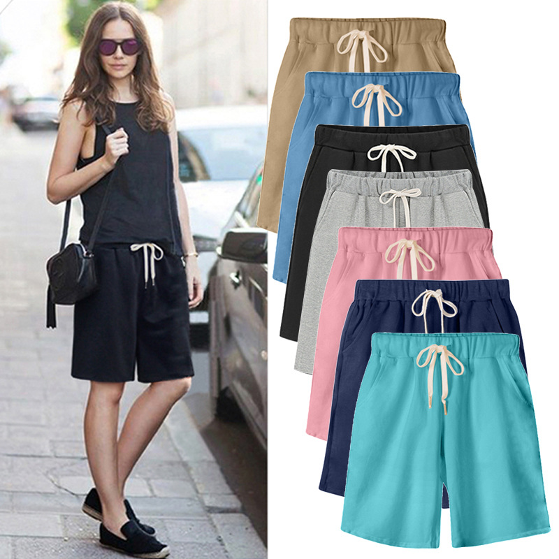 Solid color women summer high waist 300 jin five-tenths pants plus size drawstring sports casual pants fat mm straight leg pants sweatshirt