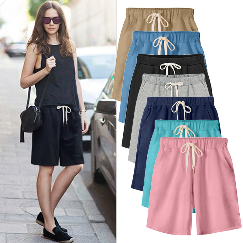 Solid color women summer high waist 300 jin five-tenths pants plus size drawstring sports casual pants fat mm straight leg pants sweatshirt