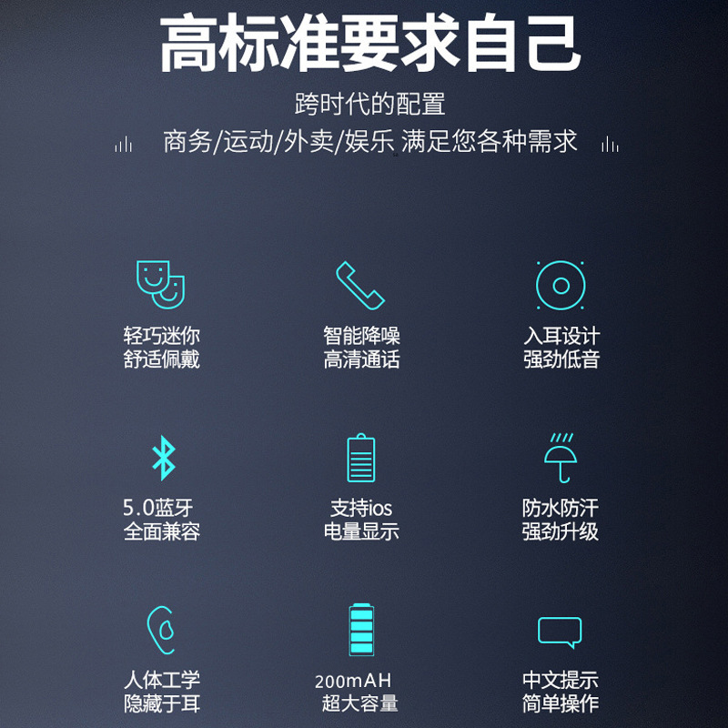 New Wireless Bluetooth Earphone 5.0 Stereo Single Ear Mini In-Ear Sports Ear Hook Business Gift Earphone
