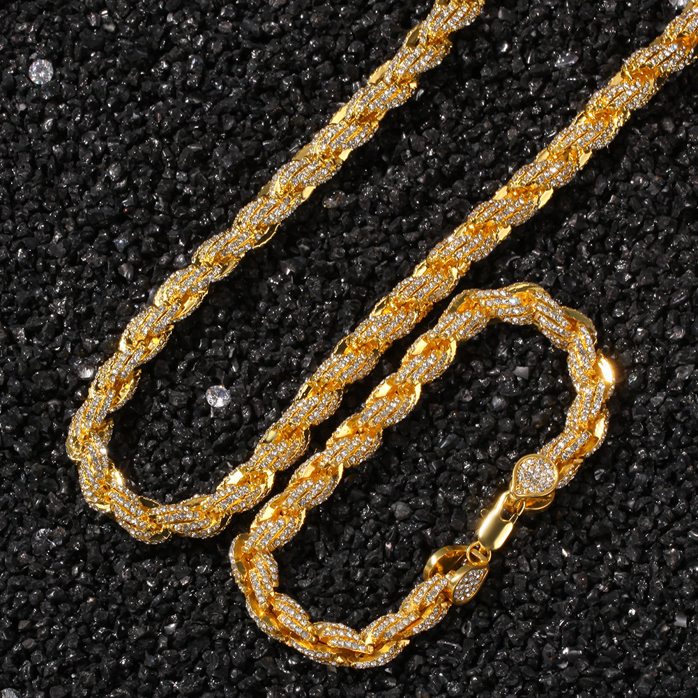 Hip Hop Alloy Diamond 9mm Gold Twist Chain New Exaggerated Men's Necklace Multiple Sizes