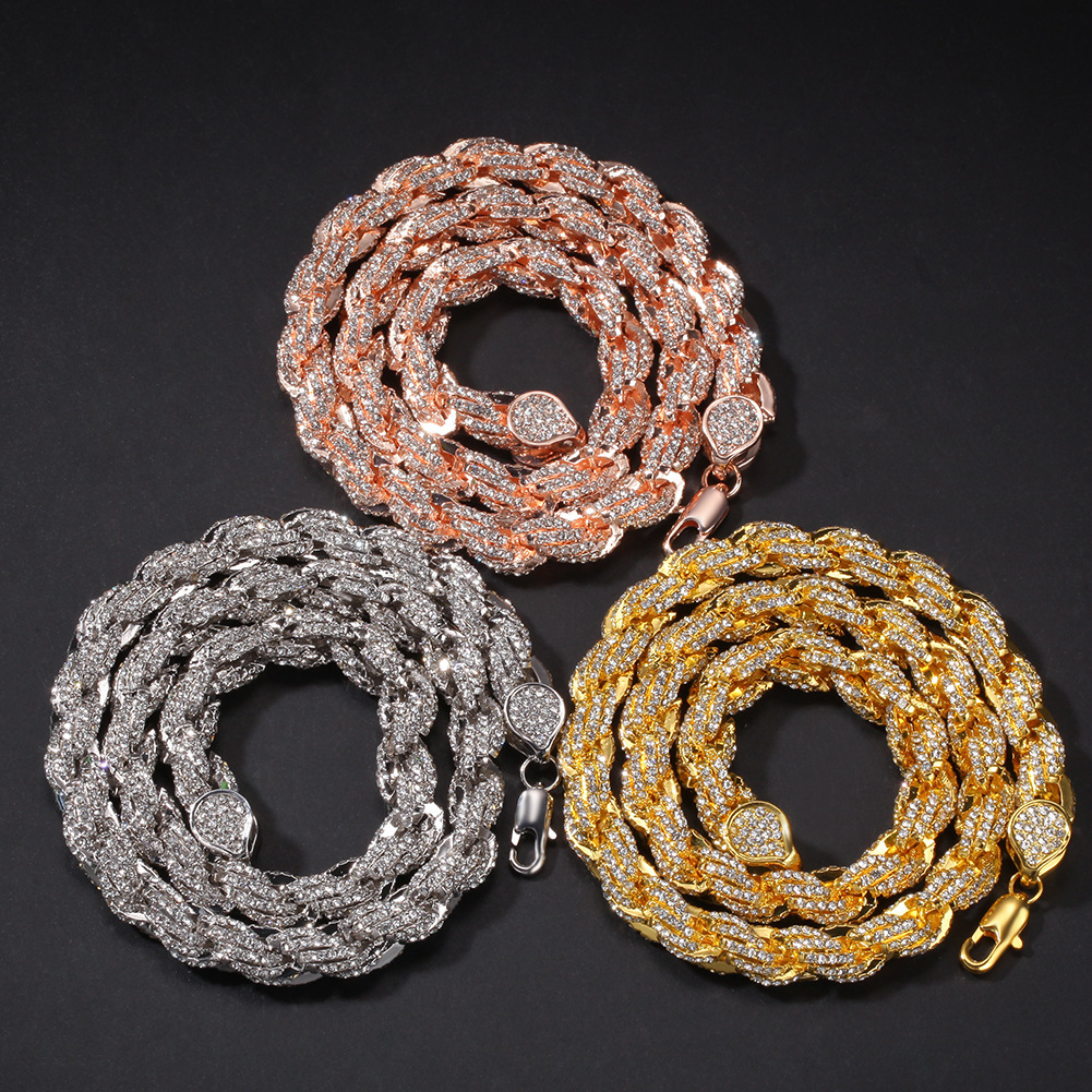 Hip Hop Alloy Diamond 9mm Gold Twist Chain New Exaggerated Men's Necklace Multiple Sizes