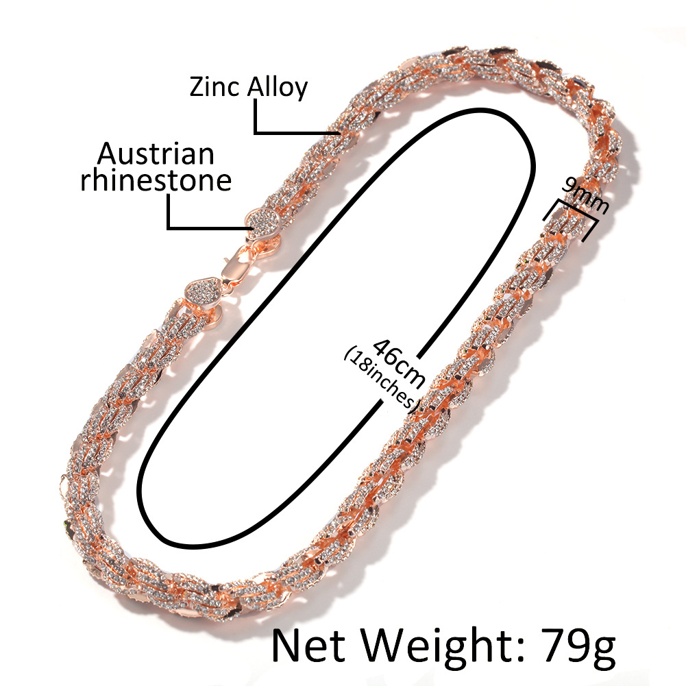 Hip Hop Alloy Diamond 9mm Gold Twist Chain New Exaggerated Men's Necklace Multiple Sizes