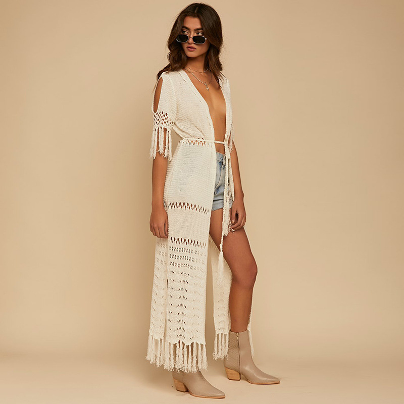 Tassel Knit Cardigan with Braided Belt Long Beach Jacket Swimsuit Cover-up Sun Protection Women's Cover-up