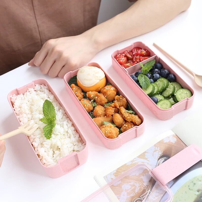 Japanese-style kawaii student lunch box, bento box with compartments, microwave-safe, fruit salad, office workers' light meal box