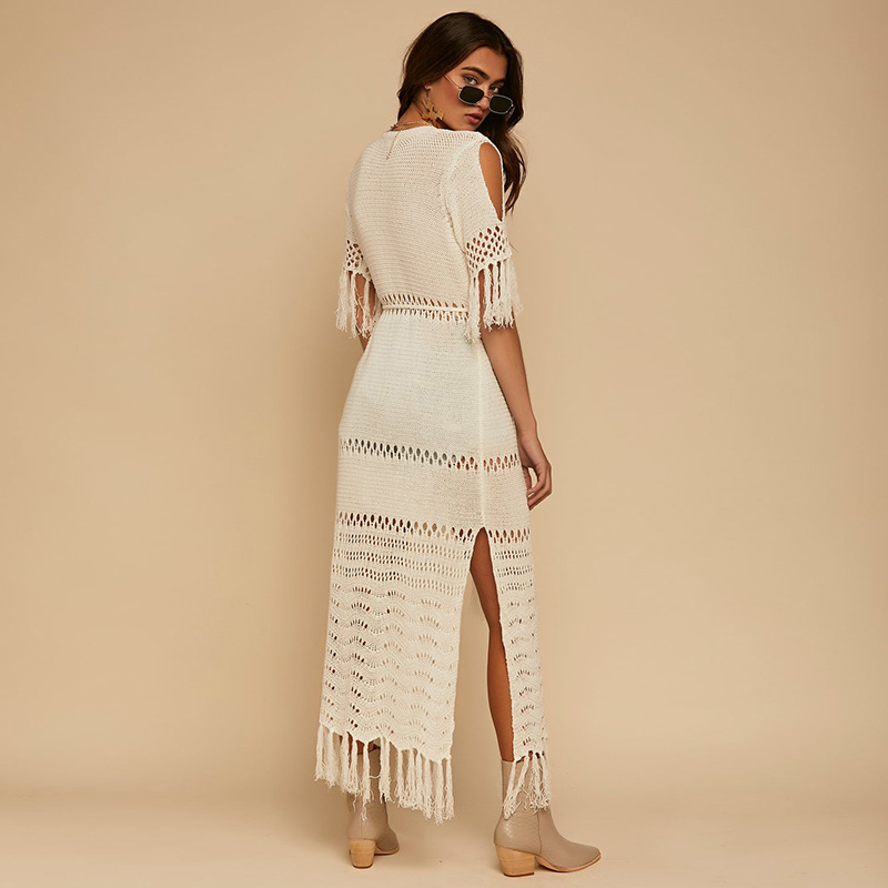 Tassel Knit Cardigan with Braided Belt Long Beach Jacket Swimsuit Cover-up Sun Protection Women's Cover-up