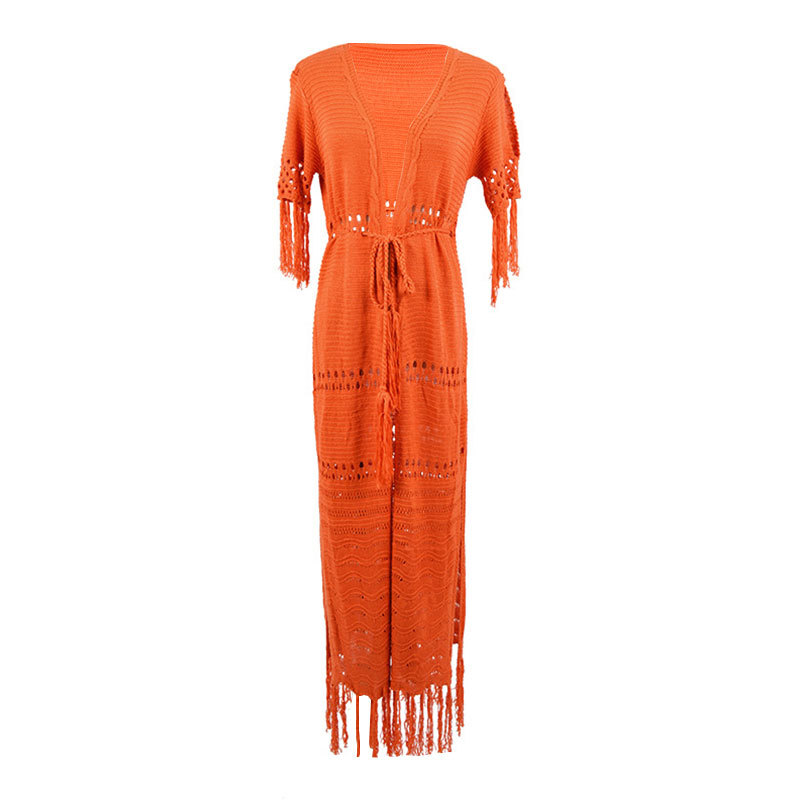 Tassel Knit Cardigan with Braided Belt Long Beach Jacket Swimsuit Cover-up Sun Protection Women's Cover-up