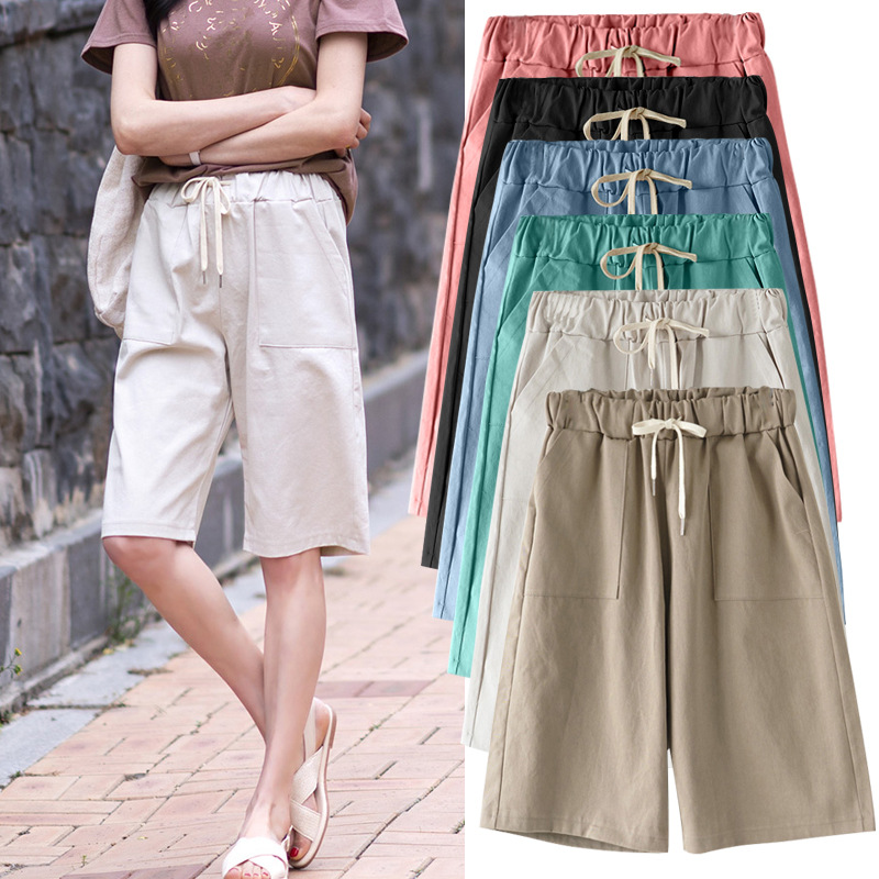 New shorts women summer thin high waist wide-leg 300 jin casual mid-length pants straight leg plus size elastic waist five-tenths pants women