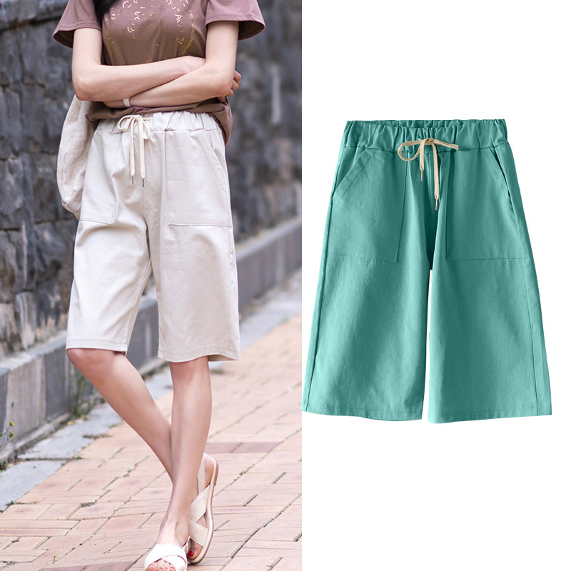 New shorts women summer thin high waist wide-leg 300 jin casual mid-length pants straight leg plus size elastic waist five-tenths pants women