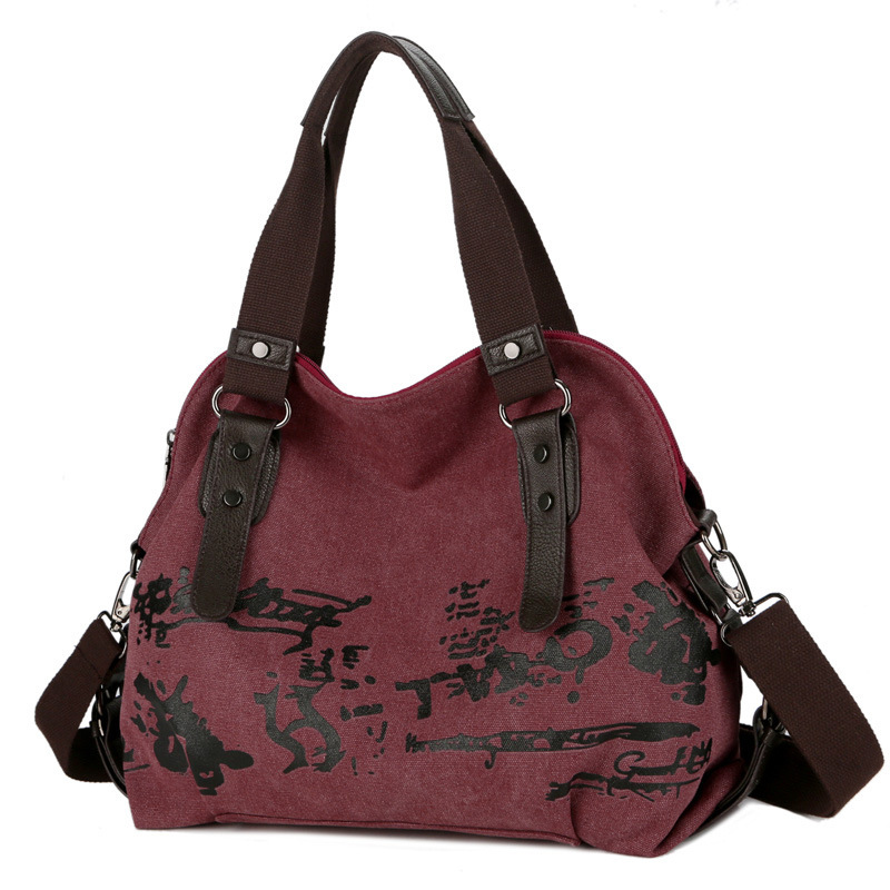Women's washed large capacity canvas bag soft handle handbag canvas large bag shell-shaped printed women's bag shell bag
