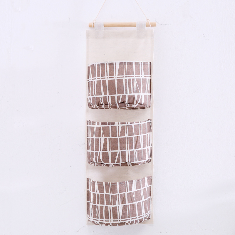Grid Linen Storage Hanging Pouch with Three Pockets, Door Organizer, Simple Hanging Storage Pouch