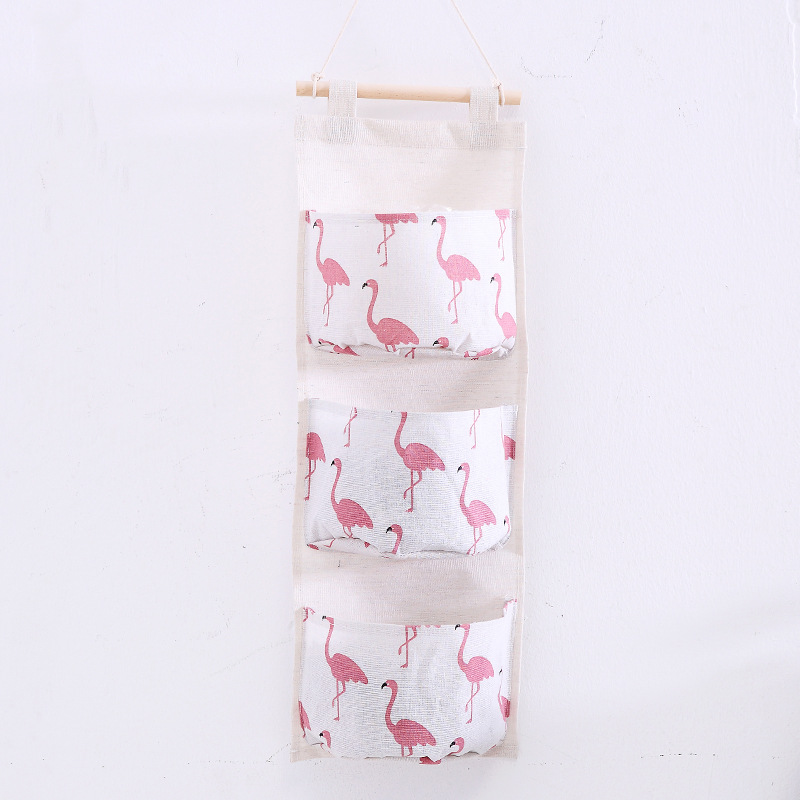 Grid Linen Storage Hanging Pouch with Three Pockets, Door Organizer, Simple Hanging Storage Pouch