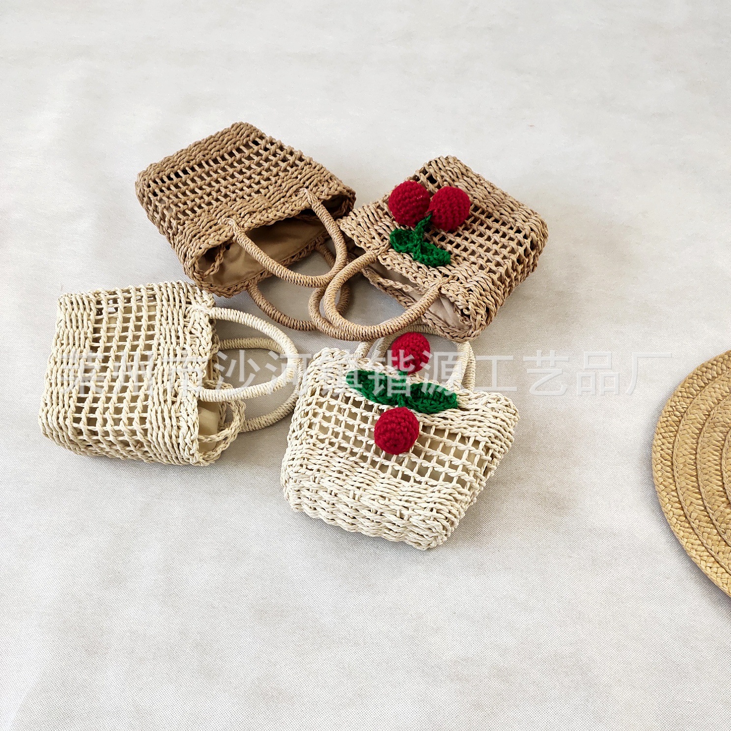 Hollow cherry straw woven bag women's handbag mini small bag handmade woven bag beach bag single shoulder portable