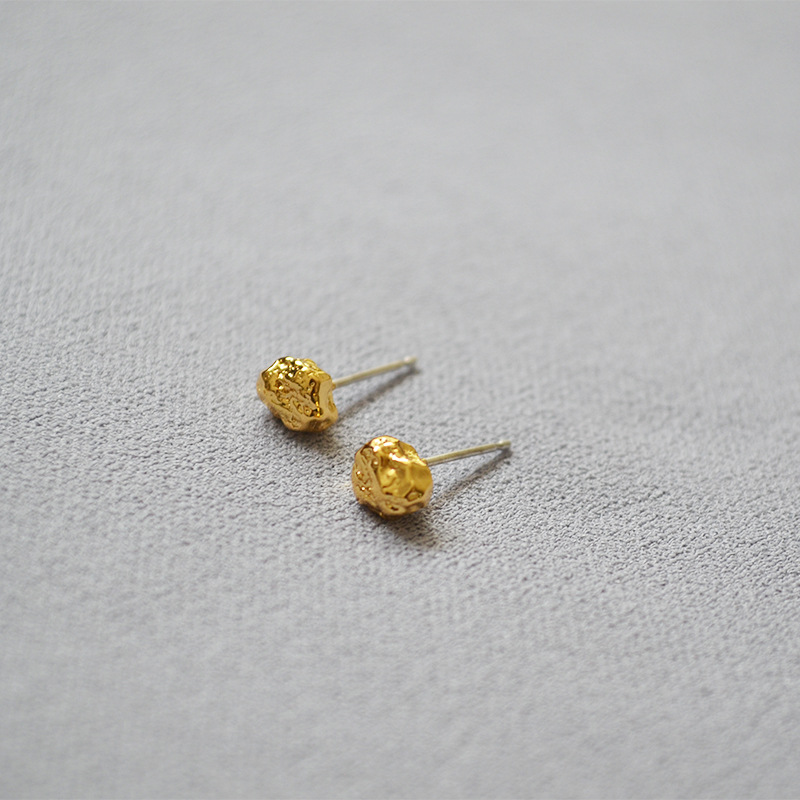 Textured irregular silver imitation volcanic lava rock stone 925 silver pin ear studs for women