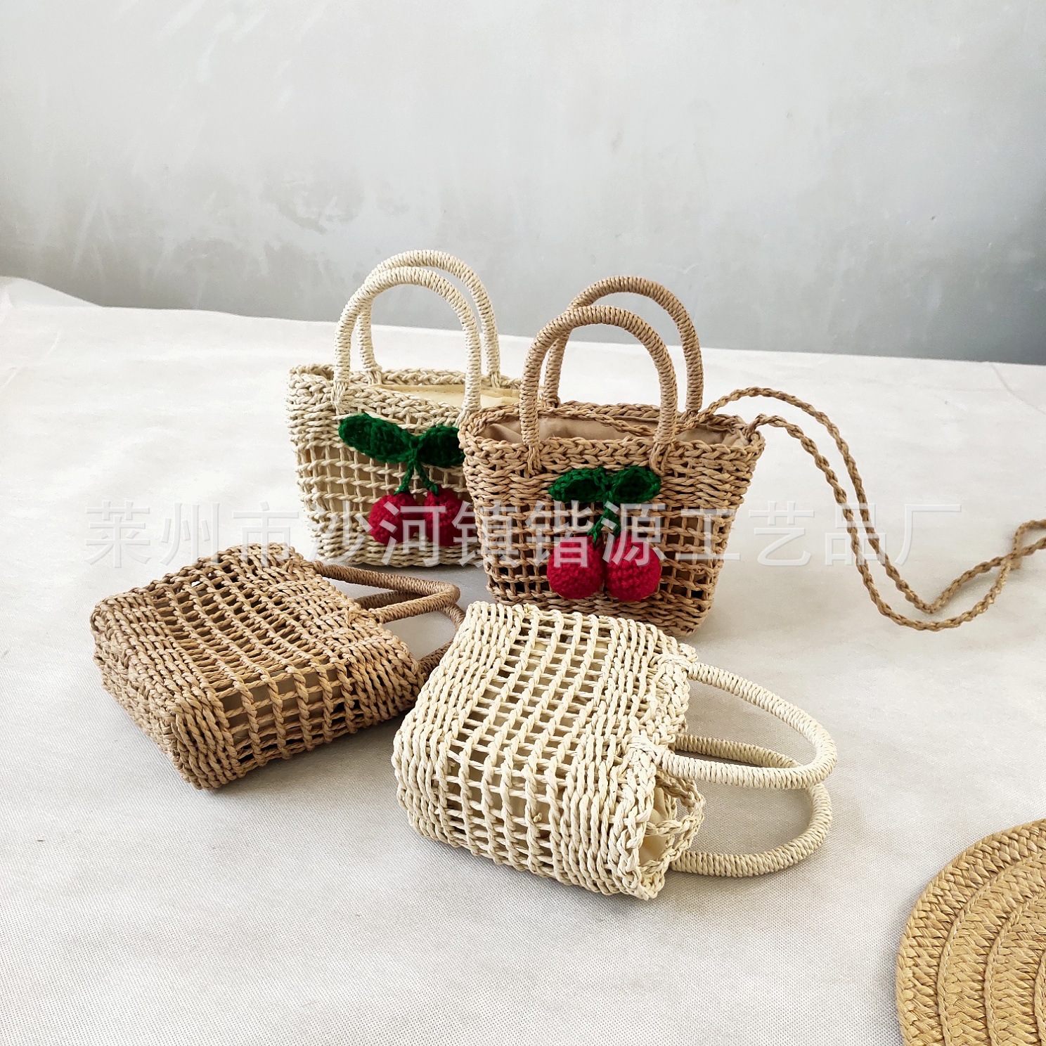 Hollow cherry straw woven bag women's handbag mini small bag handmade woven bag beach bag single shoulder portable