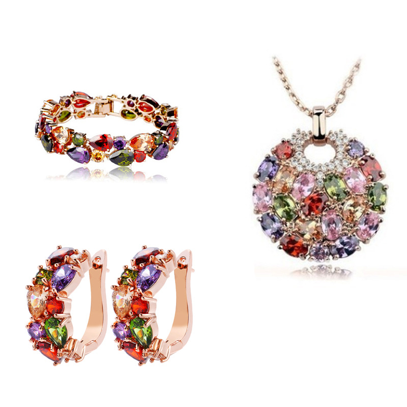 Colorful zirconia Mona Lisa series set, earrings, bracelet, necklace three-piece set, bridal wedding