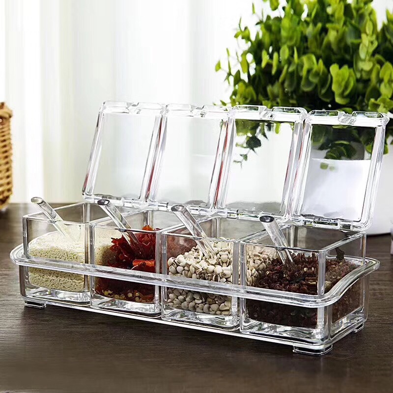 Kitchen supplies transparent seasoning box, four-grid seasoning box, seasoning jar set with spoon
