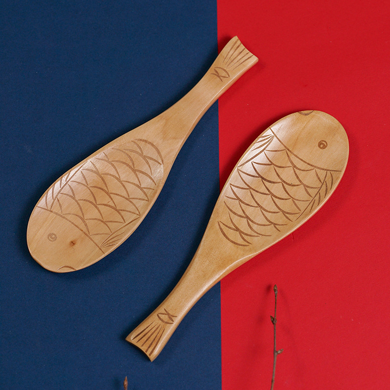 Wooden Tableware Birch Natural Color Fish-Shaped Rice Spoon Scoop Rice Spoon Cartoon Spoon