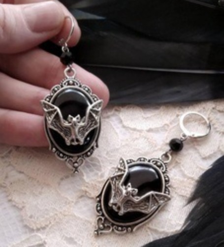 New Halloween Necklace Animal Bat Black Gemstone Ring Earrings Jewelry