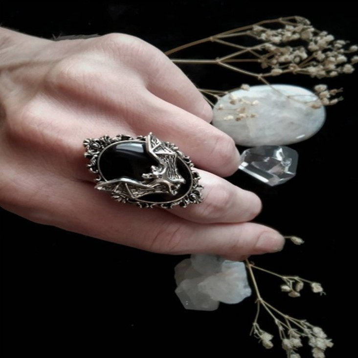 New Halloween Necklace Animal Bat Black Gemstone Ring Earrings Jewelry