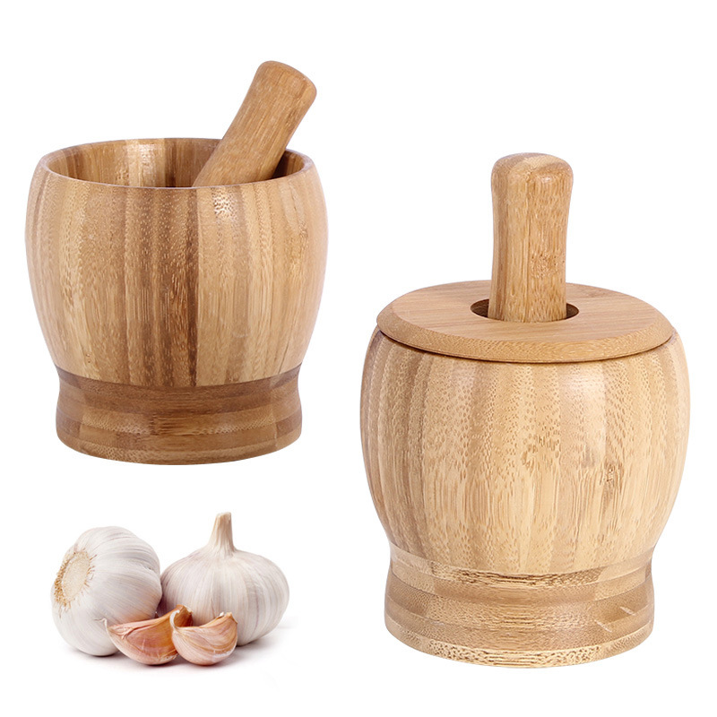 Bamboo garlic masher, home kitchen food stirrer, mortar, garlic press, garlic grinder, with lid, garlic masher