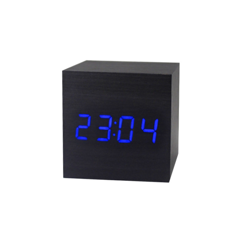 Desk Clock LED Wooden Clock Electronic Clock Mini Square Small Alarm Clock Digital Clock Thermometer Bedside Clock