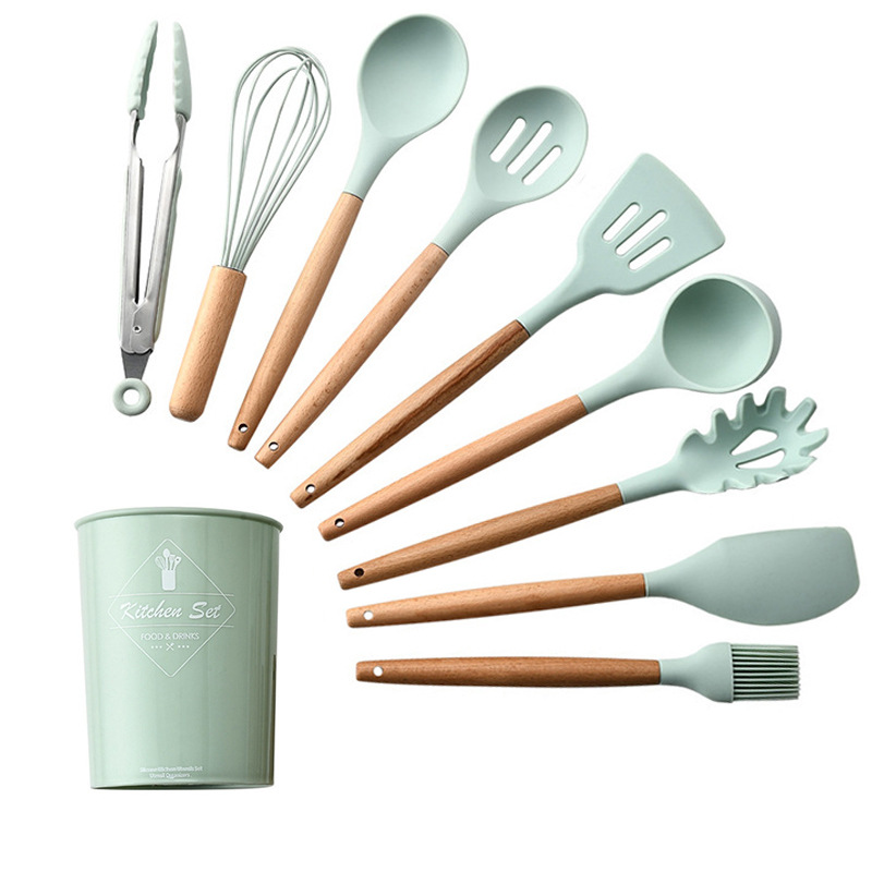 Storage Bucket Fresh Green Wood Handle Silicone Kitchenware 11-Piece Set Non-Stick Spatula Kitchen Tool Set Ten Sets