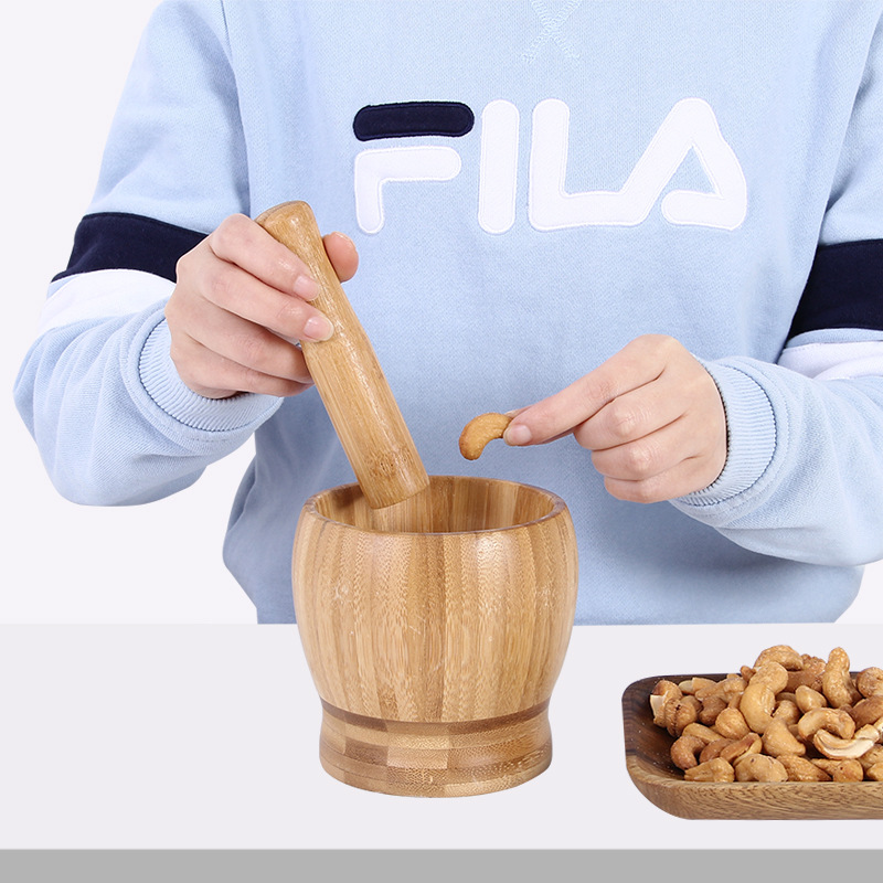 Bamboo garlic masher, home kitchen food stirrer, mortar, garlic press, garlic grinder, with lid, garlic masher