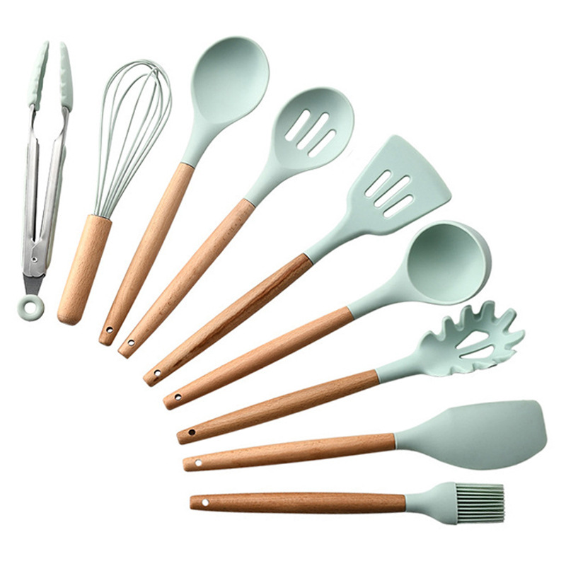 Storage Bucket Fresh Green Wood Handle Silicone Kitchenware 11-Piece Set Non-Stick Spatula Kitchen Tool Set Ten Sets