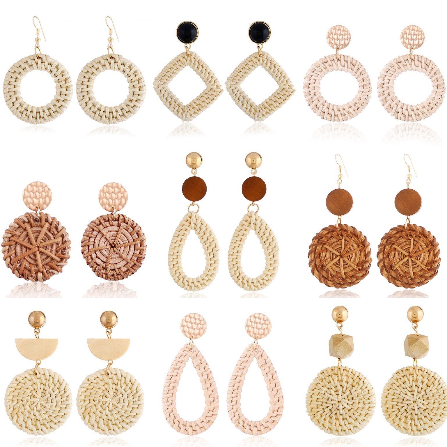Hand-woven rattan earring set new Bohemian earrings natural rattan earrings