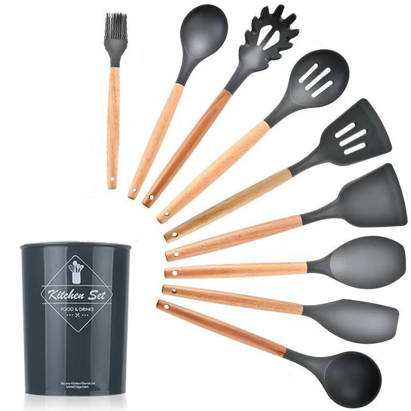 Wood Handle Silicone Kitchenware 11-Piece Set Nine-Piece Kitchen Tool Spatula Spoon Set