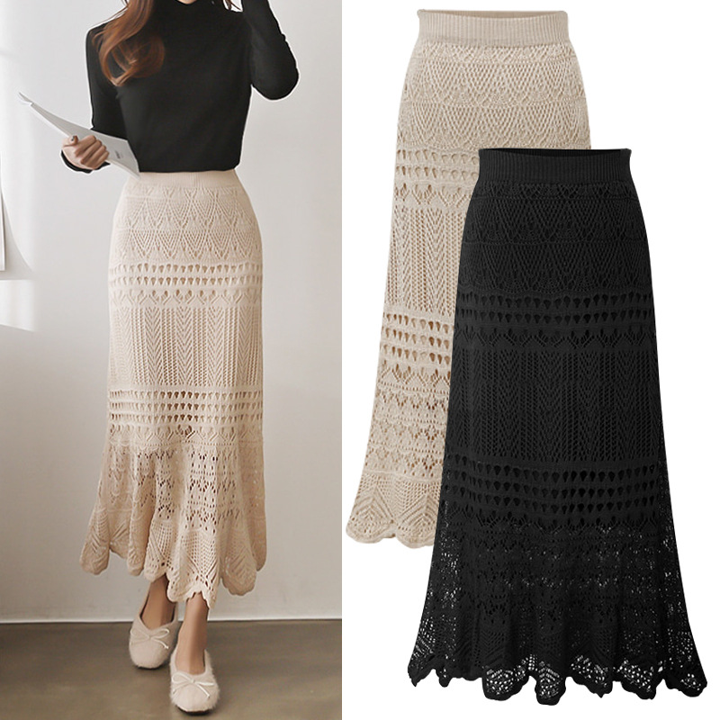 Skirt women spring and autumn 200 jin high waist loose plus size crochet hollow knit hip-hugging mid-length skirt women 90cm
